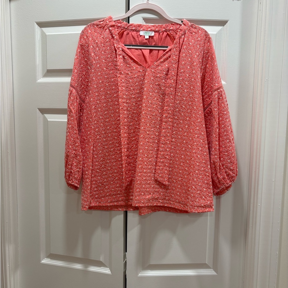 Jade Coral Tie-Neck Peasant Blouse